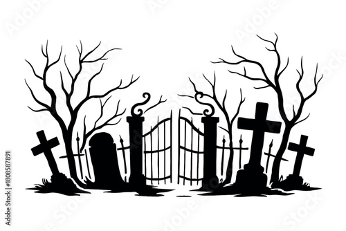 Spooky Graveyard Gate Silhouette with Gnarled Trees and Tombstones for Halloween Design. Eerie Cemetery Entrance Vector Art Perfect for Horror Themes, Gothic Backgrounds
