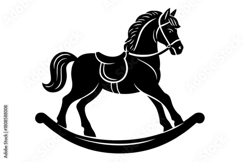 Timeless Black Silhouette Vector Art of a Classic Rocking Horse with detailed saddle and bridle, perfect for children's toys, vintage nursery decor, playroom illustrations, antique charm iconography