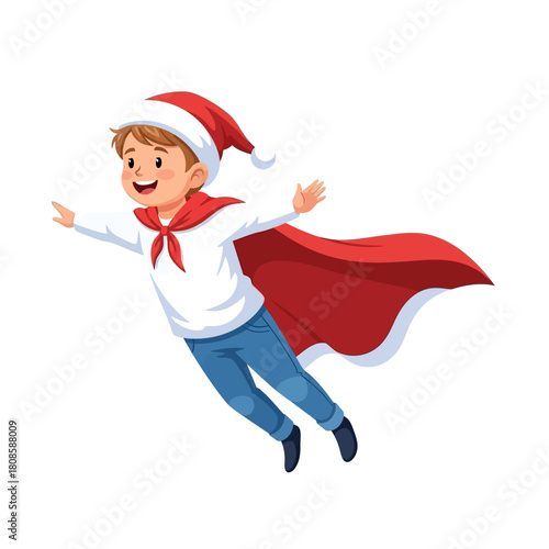 Cartoon Illustration of a Boy in a Santa Hat and Cape Flying as a Superhero for Christmas