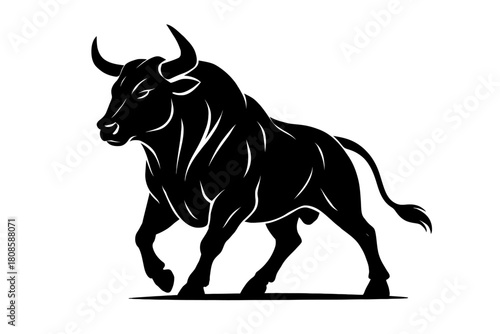 Powerful Black Bull Silhouette Vector Design: Majestic and Dynamic Charging Animal Graphic, Embodying Strength, Resilience, and Determination. Ideal for Logos, Branding, Finance, Sports Teams,