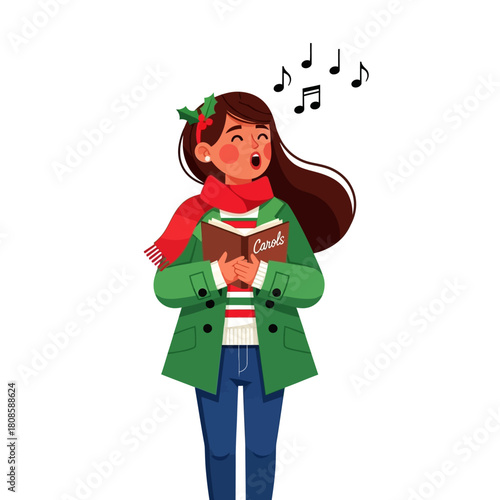 Cartoon Woman Singing Christmas Carols with Holly Berry Decoration