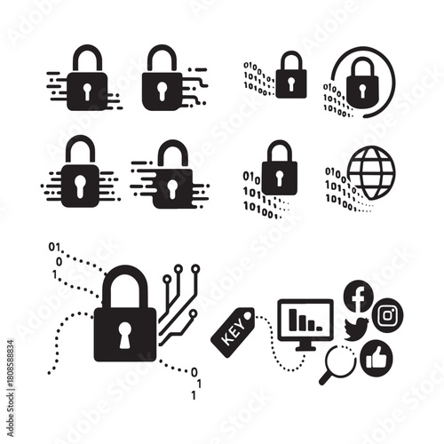 Visual concept silhouette icons showing cybersecurity, data encryption, and social media protection with digital padlocks
