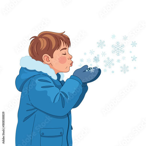 Cute Boy in Winter Coat Blowing Snowflakes, Cartoon Illustration