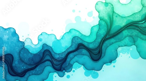 Abstract Teal and Aqua Liquid Ink Swirls with Organic Shapes and White Background