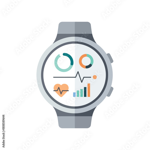 Modern smartwatch with a health monitoring application on the screen. The display shows fitness tracking charts, graphs, and a heart rate monitor icon