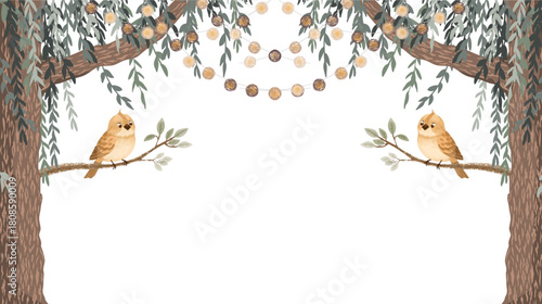 Cute small birds and a squirrel perched on a tree branch in nature, a scene of spring wildlife