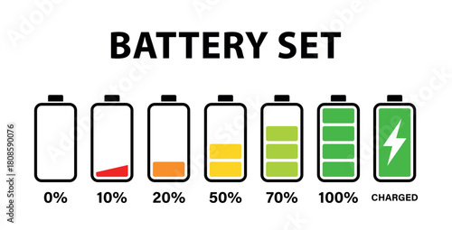 Battery charge level set, set of battery icons, Battery charge level indicators showing progress from empty to fully charged and charged icon