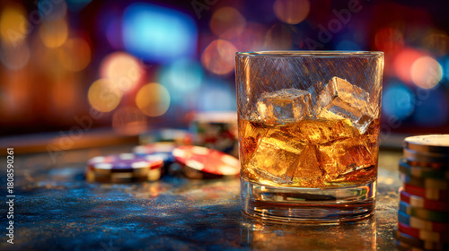 Glass of whiskey with ice cubes on a reflective surface surrounded by poker chips with colorful bokeh lights in the background creating a vibrant casino atmosphere