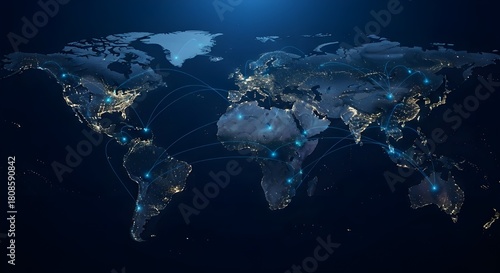World map with city lights at night in dark blue tones