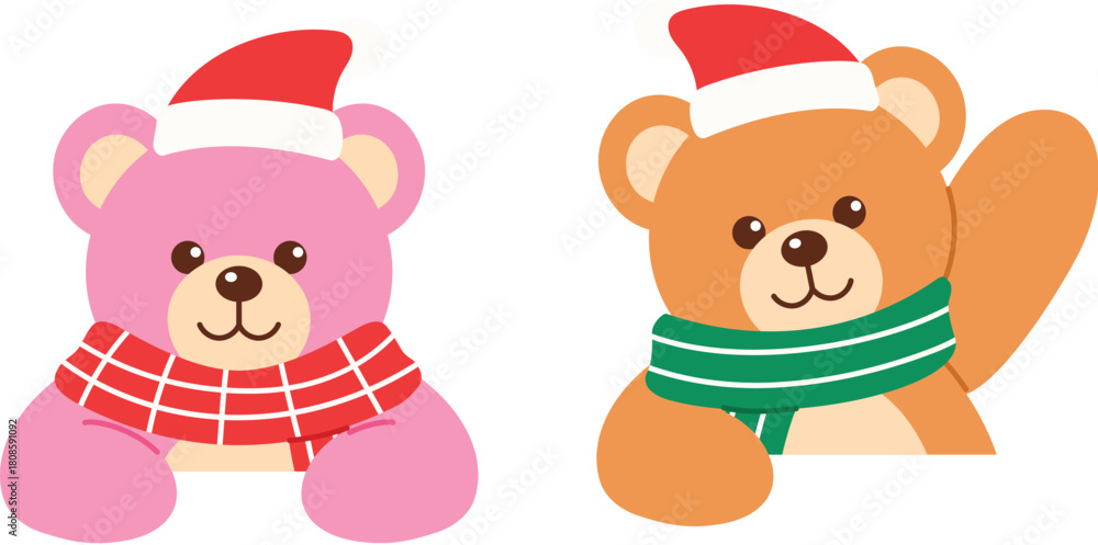 Fototapeta premium 2 Cute Brown and Pink Teddy Bear Friends Wearing Santa Hat and Scarf Peeking and Rising Hand illustration