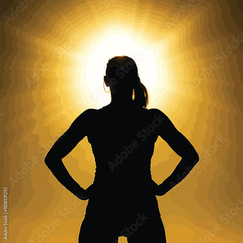 A woman standing confidently with her hands on her hips, surrounded by a radiant light in a tunnel, viewed from behind