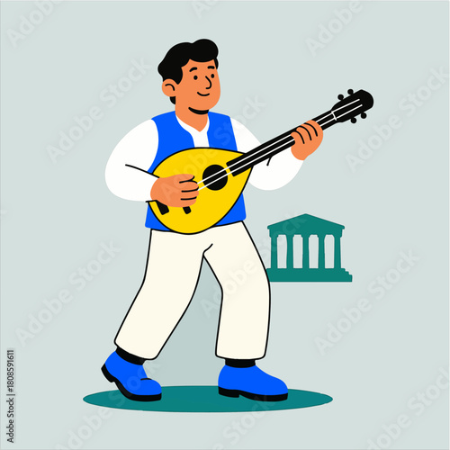 Greek Bouzouki Musician Playing Traditional Folk Song Illustration