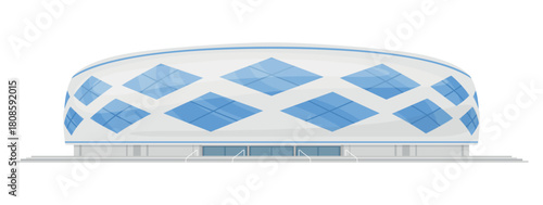 Front view of a modern sport stadium showcasing unique architectural design and large glass windows