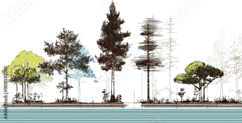 Hand drawn sketch of diverse trees with green foliage and blue accents against white background with horizontal blue water pattern