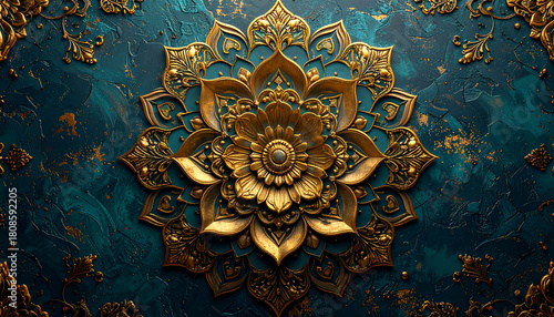 Golden Mandala on Teal Texture