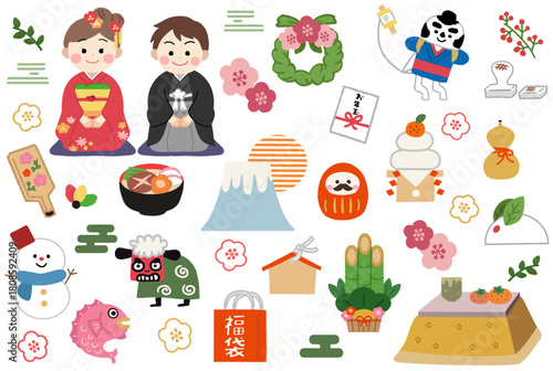 お正月・縁起物と着物姿の子供のアイコンイラスト素材セット　New Year's lucky charm icon set