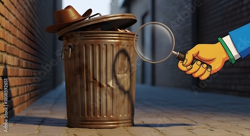 Cartoon detective searches for clues in trash can with magnifying glass