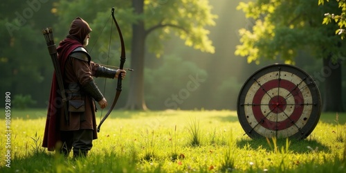 A hooded archer, clad in medieval garb, skillfully aims his longbow at a weathered archery target set amidst a sun-dappled meadow, practicing his ancient craft in a serene natural setting.