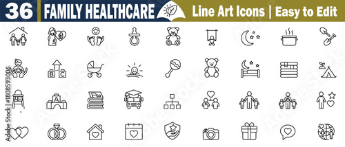 Family Healthcare Line Icons: Pediatrics, Maternity, and Newborn Care Vector Symbol Set for Medical Support vector illustration. 