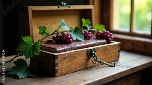Wooden chest containing a book and grapes on a wooden surface near a window