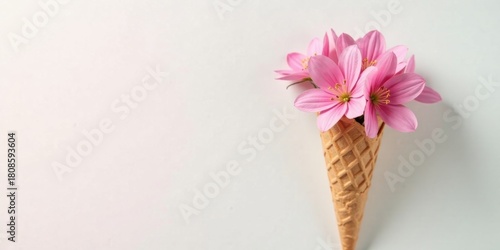 A Delicate Bouquet of Pink Blossoms Nestled in a Crisp Waffle Cone, a Sweet Springtime Still Life on a White Background