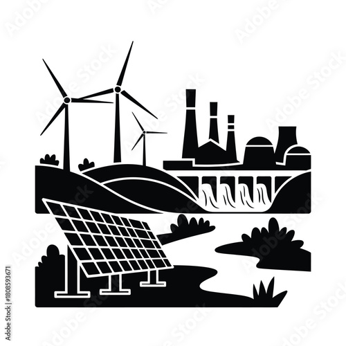Clean energy sources including wind turbines solar panels and a hydroelectric dam