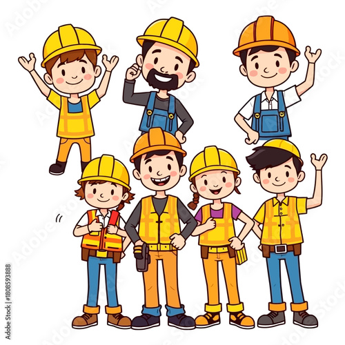 A cheerful illustration depicts a diverse group of construction workers, all wearing yellow hard hats and safety vests, ready to work.