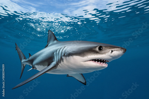 A realistic photograph of a large, powerful Great White Shark swimming in clear blue ocean water near the surface, showcasing its sharp teeth and intimidating presence.