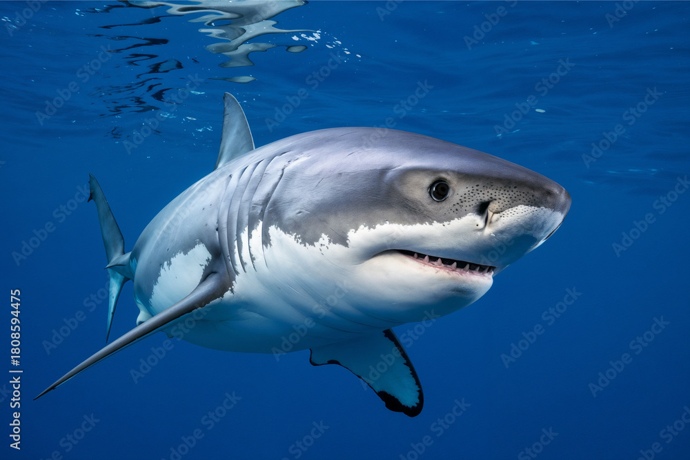 Obraz premium A dramatic, realistic photograph of a Great White Shark swimming beneath the ocean surface, featuring its powerful body, dark eyes, and rows of sharp teeth.