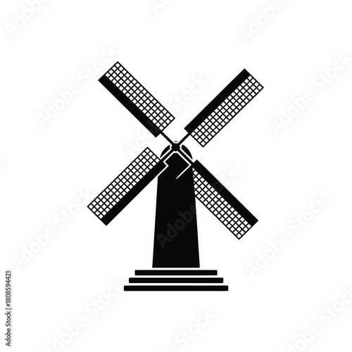 Black silhouette of a traditional dutch windmill on a white background
