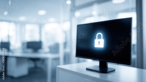 A computer monitor displaying a lock icon, symbolizing security in a contemporary office environment. Ideal for technology and cybersecurity themes.