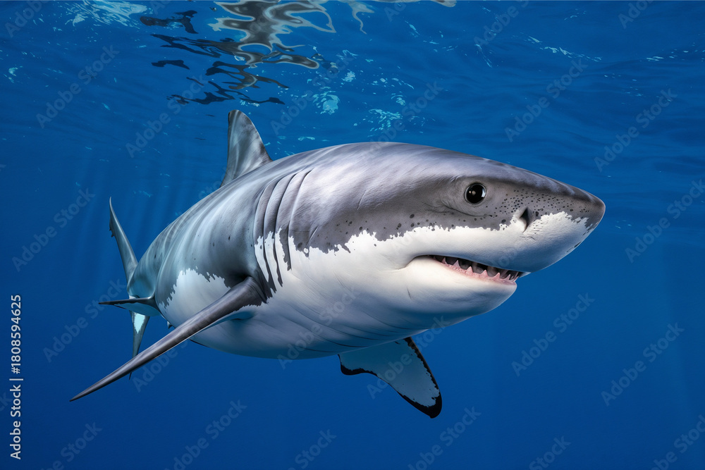Fototapeta premium A majestic great white shark glides through the clear, deep blue ocean, its powerful form illuminated by sunlight filtering down from the surface.