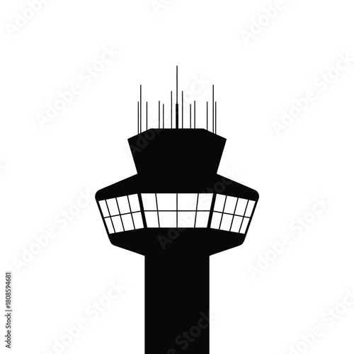 Silhouette of an airport control tower against a white background