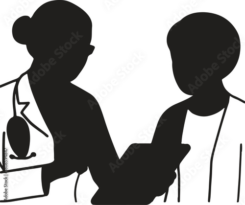 Doctor-Patient Consultation: A silhouette of a doctor engaged in a serious discussion with a patient, examining medical records and delivering empathetic care.
