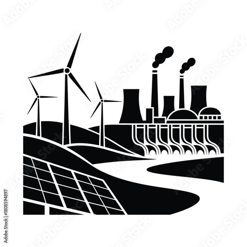 Renewable and traditional energy sources side by side illustration