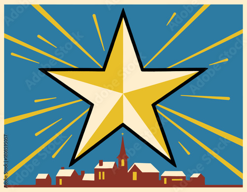 Christmas Star of Bethlehem Shining Brightly Over a Snowy Village Town in Vintage Retro Style Illustratio
