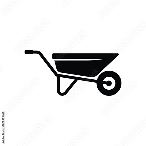 Simple black silhouette of a wheelbarrow on a white background