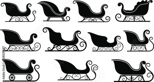 Christmas sleigh vector set, black silhouettes of Santa sleds, ornate winter transport icons, holiday illustration collection isolated on white background