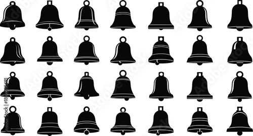 Bell icon silhouettes, black bell shapes, notification symbols, vintage design, sound alert, minimal graphic, classic style, decorative elements, UI icons