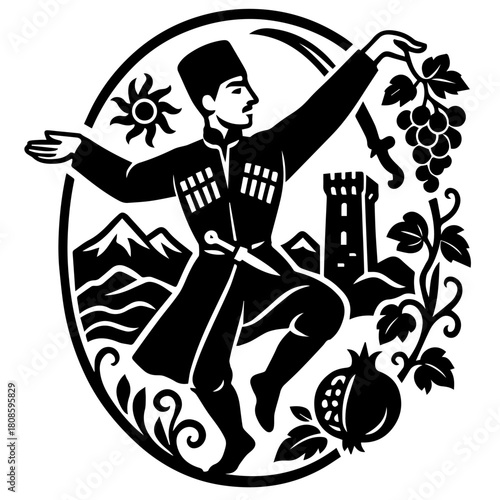 Georgian Folk Dance Caucasus Heritage Woodcut Oval Illustration