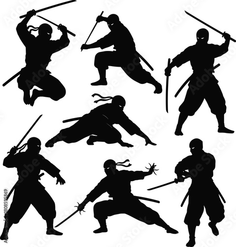 Japanese ninja silhouette set, black warrior assassin fighting poses, martial arts action figures with swords, vector illustration collection, combat stance