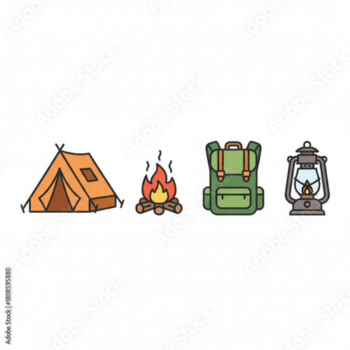 Vector illustrations of camping essentials tent, campfire, backpack, lantern, perfect for outdoor adventures
