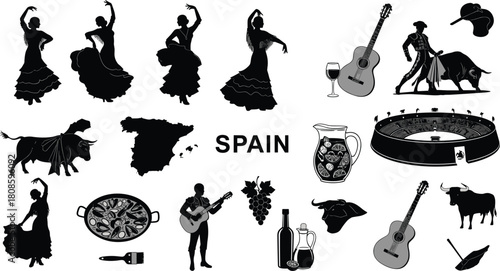 Spain culture silhouettes, flamenco dancers, bullfighters, sangria, guitar, paella, Spanish map, traditional icons, festive elements, heritage symbols, cuisine