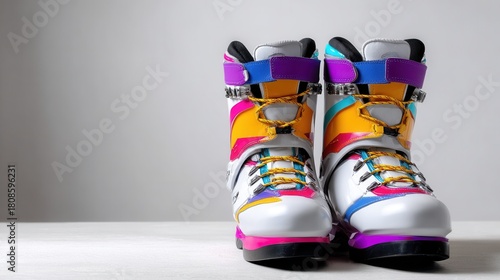 Vibrant ski boots showcased on a neutral background, ideal for winter sports promotions or gear advertisements.
