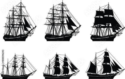 Vintage sailing ships, nautical silhouettes, maritime vessels, historical boats, rigged sails, sea transport, ocean travel, naval design, clipper ships, antique illustration