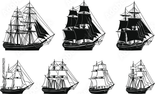 Vintage sailing ships, nautical silhouettes, maritime vessels, historical boats, rigged sails, ocean transport, sea travel, ship illustration, naval design, antique