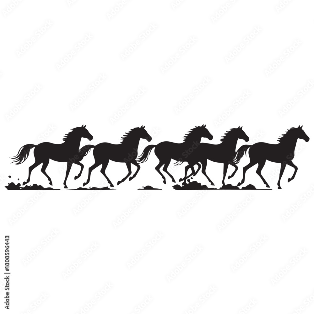 Obraz premium Silhouette of Galloping Wild Horses Powerful Herd Running in Dynamic Motion.