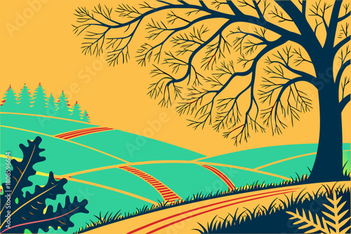 Tree and landscape artwork illustration with colorful visual