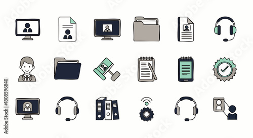 A collection of hand-drawn business and office icons, perfect for illustrating concepts related to communication, work, and technology on a clean white background.