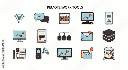 Illustrated icons depict essential remote work tools, including communication, scheduling, data storage, and network connectivity, on a clean white background.